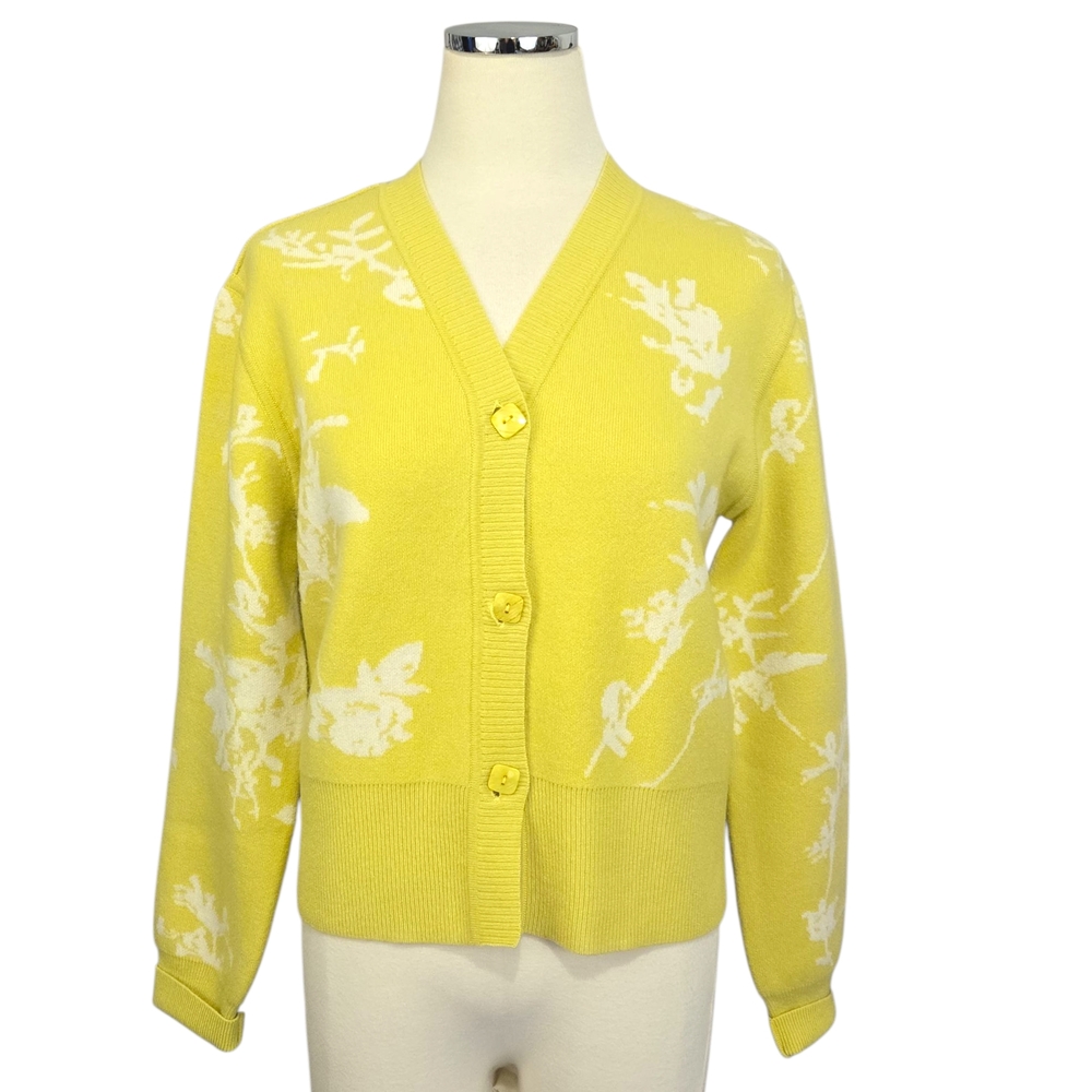 Jessie Liu "Isabel" Yellow Floral Cashmere Blend Jacquard Cardigan Sweater Sz M